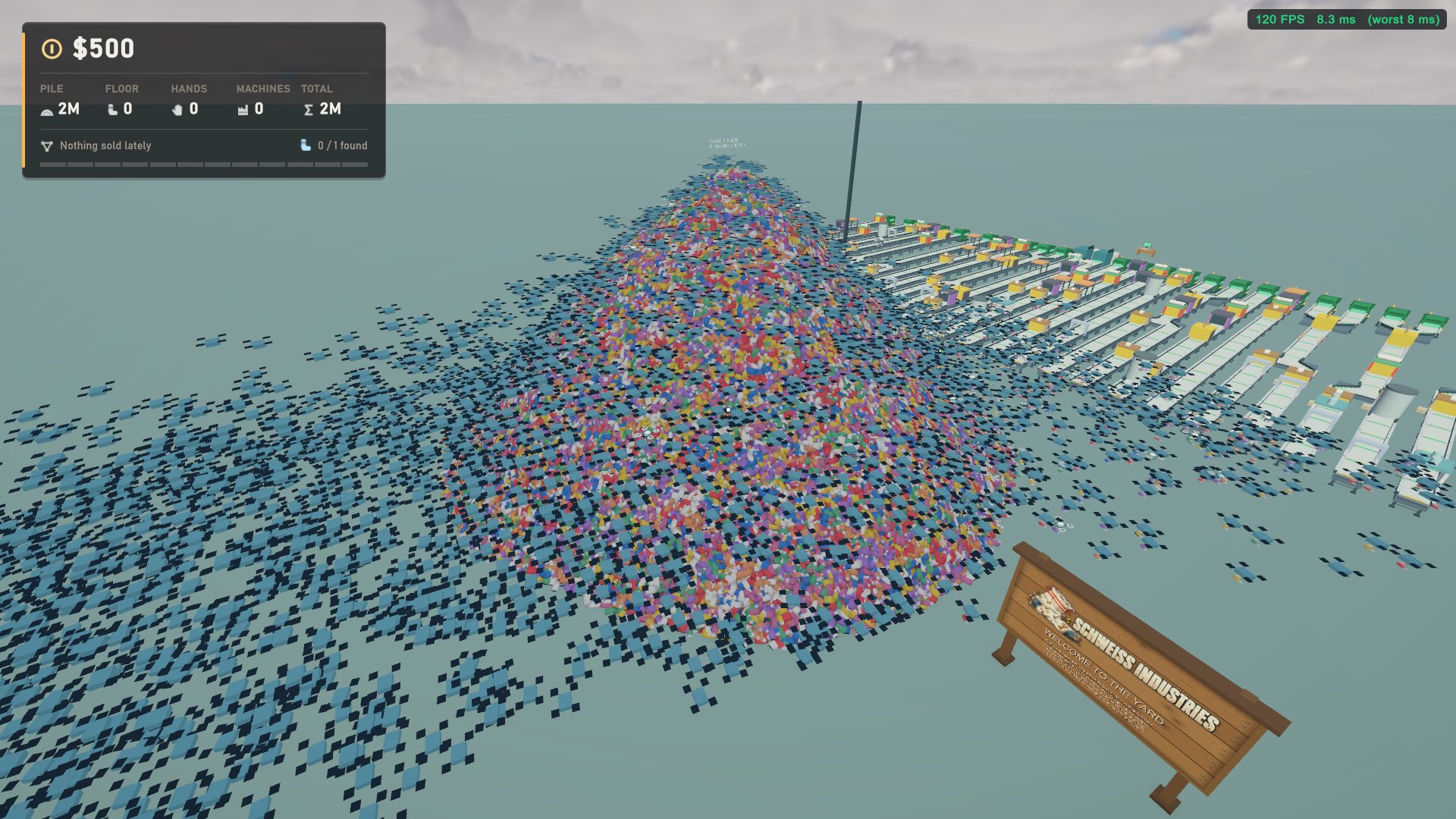 A two million sock pile with conveyor lanes, running at 120 FPS