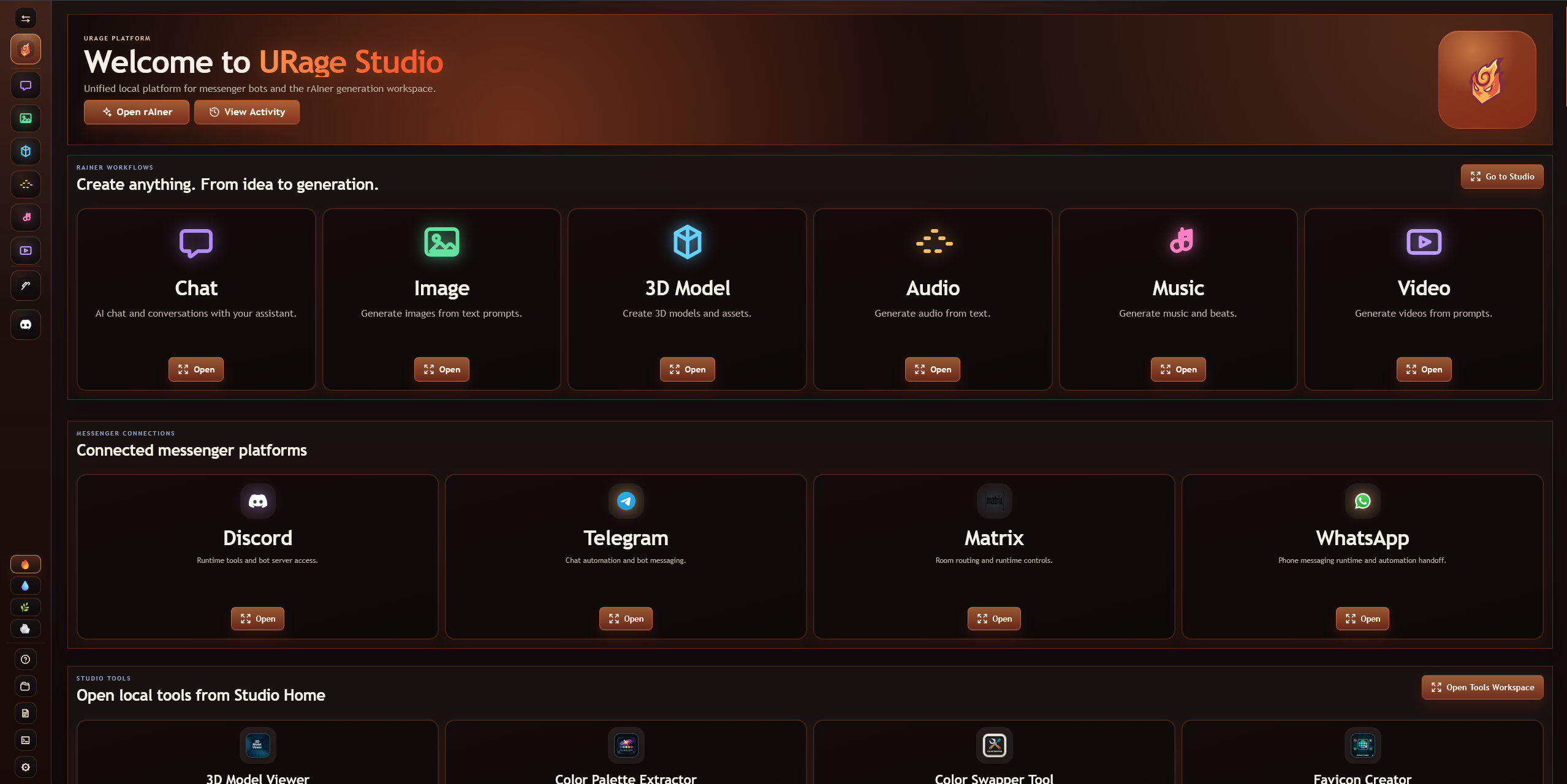 URage Now Studio dashboard with Chat, Image, 3D, Audio, Music, Video, tools, and integrations.